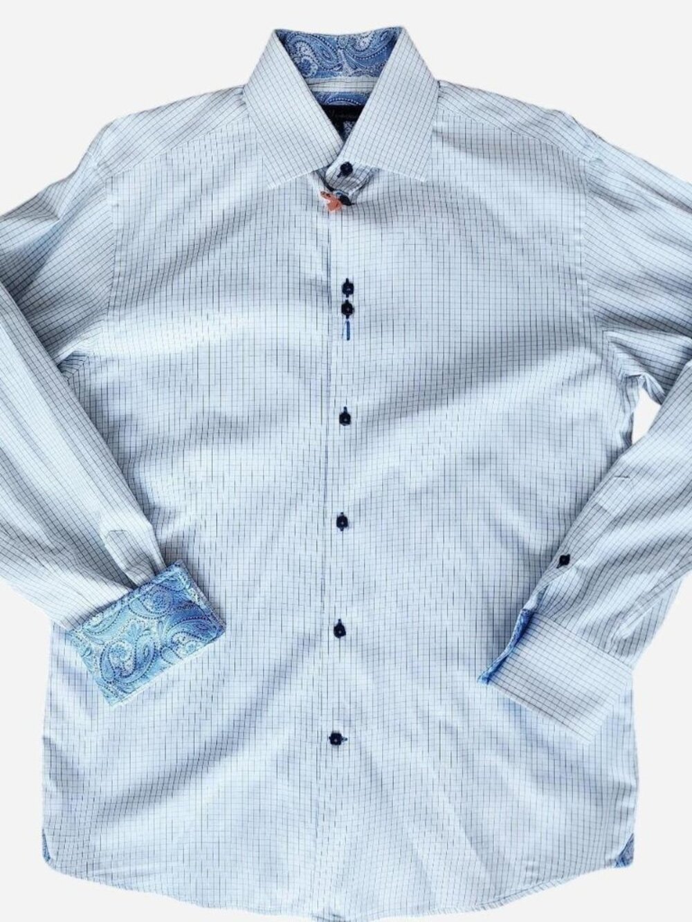 BLU by Polifroni blue & white striped button up shirt paisley cuffs size large